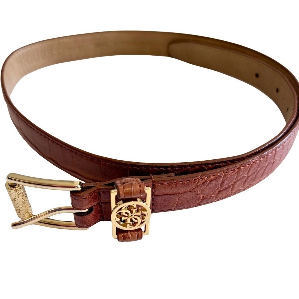Guess Crocodile Faux Leather Belt Brown with Gold Logo Buckle – S